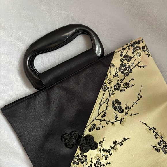 Black Gold Floral Satin Evening Bag Cherry Blossom Top Handle Chinoiserie Purse - Picture 3 of 7